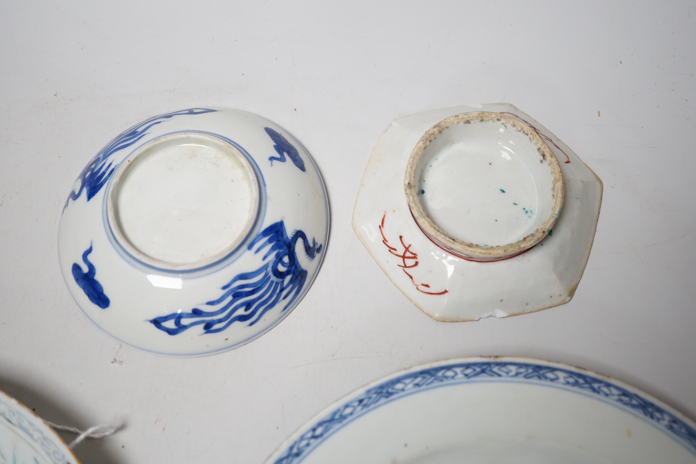 Two 18th century Chinese export plates and four Chinese bowls/dishes, largest 22cm diameter